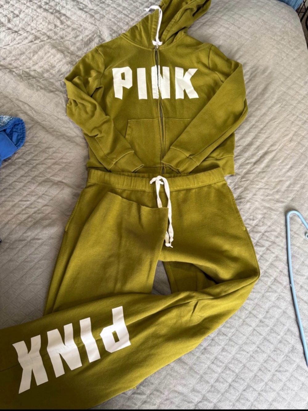 PINK Victoria's Secret Olive Green Zip Hoodie & Sweatpants Set
